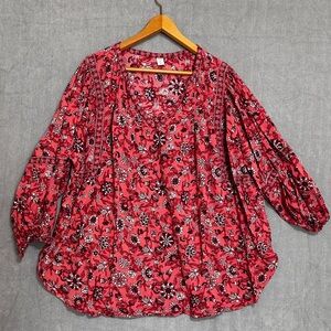 Old Navy Women’s PopoverPeasant Blouse 4X Red Pink Floral Pattern Long Sleeve